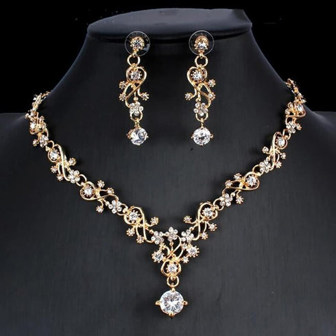 Wedding Necklace Bride Rhinestone Floral Necklace Earring Set Bridal Jewelry Sets Prom Party Teardrop Dangle Necklace and Earring Drop...
