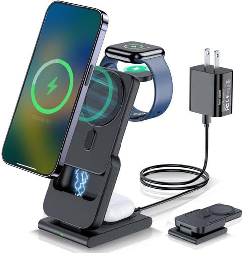 3 in 1 Wireless Charging Station,5000mAh Fast Foldable Portable Charger Battery Pack USB C Power Bank for MagSafe,for iPhone 15 14 13 12 Series/Ap...