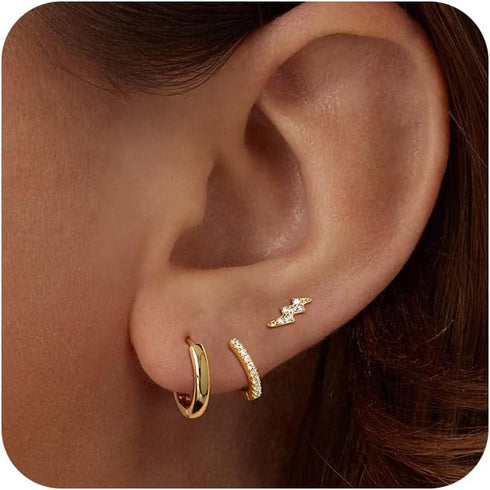 Foxgirl Small Gold Stud Hoop Earrings for Women, Dainty 14K Gold Silver Plated Hypoallergenic Cz Flower Ear Cuff Earrings Set Cartilage Minimalist...