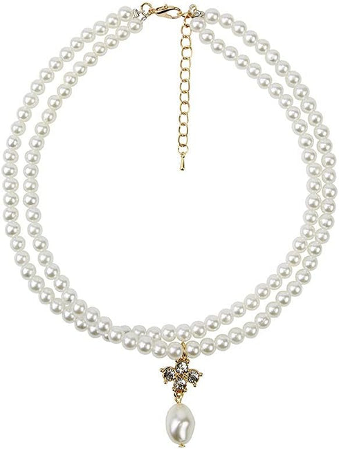 Dainty Boho Simple Chunky Rhinestones Pearls Short Cross Choker Necklace Chain Multilayer Choker Pearls Cross Pendant Necklaces Prom Party for Wom...