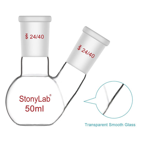 stonylab Flat Bottom Flask FBF, Heavy Wall 2-Neck Lab Flask Borosilicate Glass Flat Bottom Boiling Flask with 24/40 Standard Joint, 50 ml...