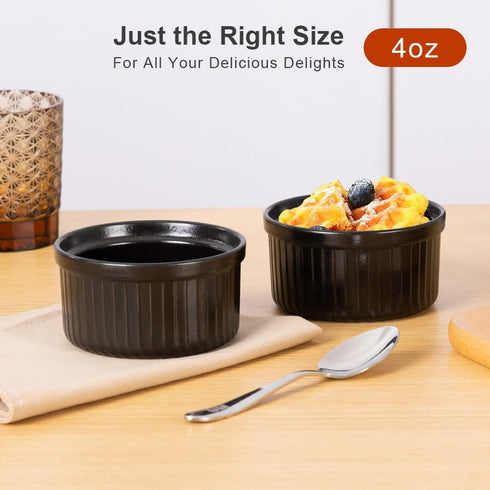 Yachi Ramekins Black, 4 oz 6 Pieces Ceramic Baking Ramekin Set of 6 Stoneware Bakeware Serving for Sauces Dipping Onion Soup Lava Cake Flan Creme ...