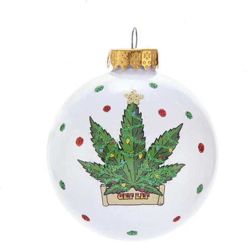 Kurt S. Adler 80MM White with Cannabis Design Glass Ball Ornament for Christmas...