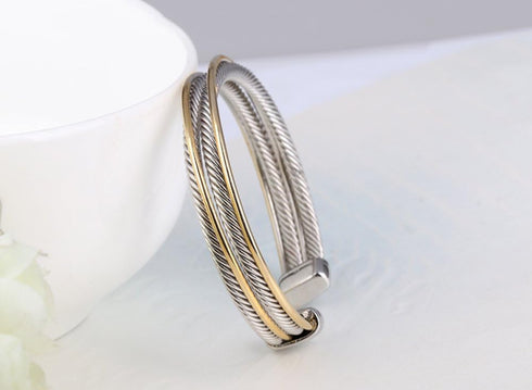 UNY JEWEL Jewelry Double Line Cross Over Twisted Cable Wire Bracelet Vintage Fashion Antique design Elegant Unique Retro Cuff Bangle Bracelet (Dou...