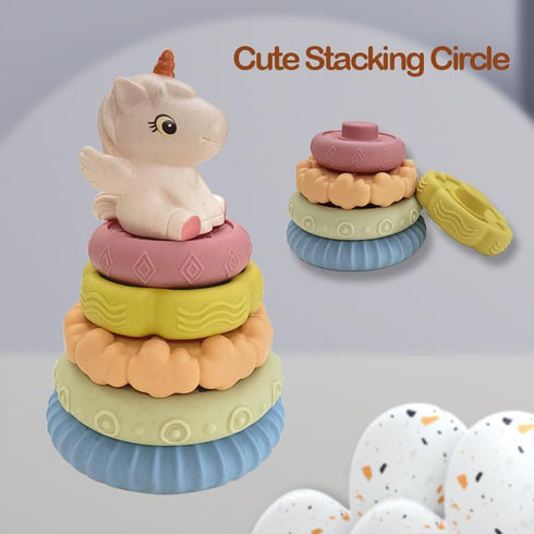 Baby Stacking Nesting Toys, Soft Squeeze Building Circle with Pink Horse, Baby Teething Toy Sensory Early Educational Toys for Newborn Toddlers...