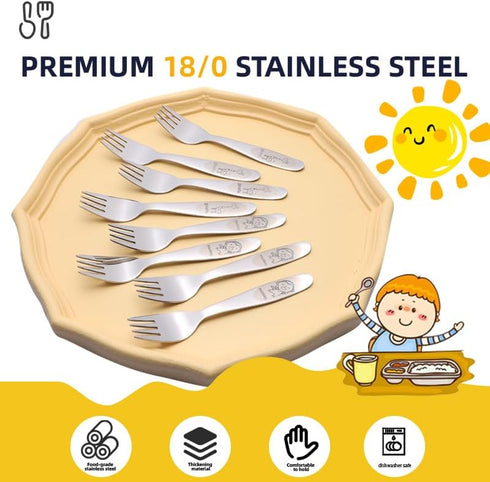8 Piece Stainless Steel Toddler Forks Set, Safe Kids Flatwaresets, Cartoon Children Forks for Self-feeding, Dishwasher Safe...