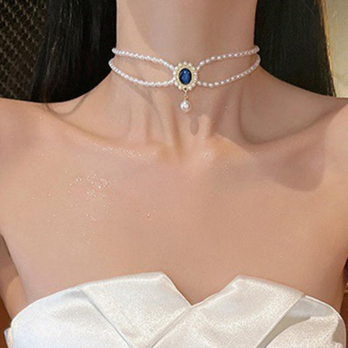 fxmimior Boho 2 Tier Pearl Blue Rhinestones Gold Shiny Choker Necklaces Dainty Rhinestones Pearls Chunky Short 1920s Choker Necklace Chain Multila...