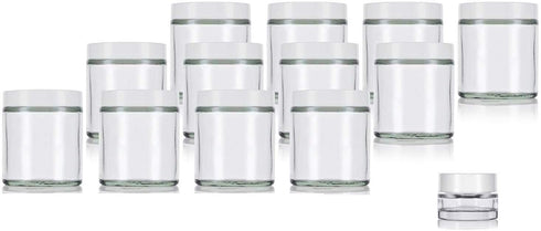 4 oz / 120 ml Clear Thick Glass Straight Sided with White Smooth Lid (12 pack) + Small Glass Balm Jar...