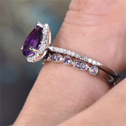 HaoMo 2 Pcs Gorgeous Purple Cubic Zirconia Bridal Prom Engagement Pear Shaped Teardrop Ring Set Marquise Matching Band Amethyst Birthstone Ring Et...