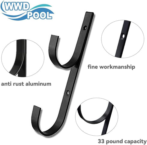 WWD POOL Swimming Pool Aluminum Pole Hanger Set, Black, 2-Pack (4 Hooks), for Telescoping Poles, Leaf Rakes, Skimmers, Nets, Brushes, Vacuum Hoses...