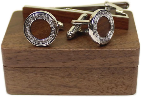 Rustic Black Walnut Wooden Round Cufflinks Tie Clips With Organizer Box for Men...