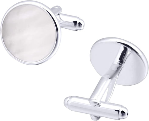 Silver Mother of Pearl Cufflinks in Gift Box Round Cuff Links for Business Wedding Anniversary Dress...