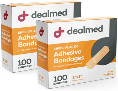 Dealmed Sheer Plastic Flexible Adhesive Bandages – 100 Count (2 Pack) Bandages with Non-Stick Pad, Latex Free, Wound Care for First Aid Kit, 1" x ...