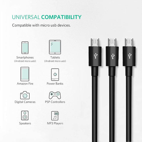 Herfair 3-in-1 Micro USB Splitter, 480Mbps Data Sync, 3 USB to Multi Micro USB Adapter Wires Leads for All Micro USB Equipped Devices......