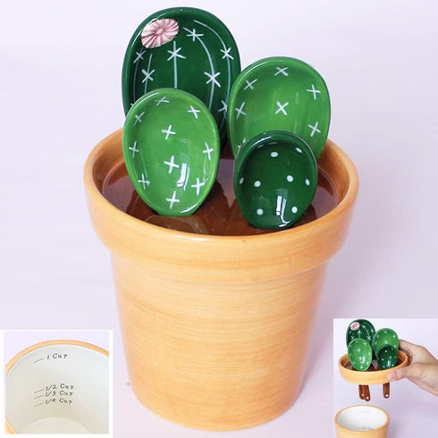 Cactus Measuring Spoons Set in Pot Ceramic Cute Measuring Cups and Spoons Unique Baking Gifts for Dry Wet Ingredients Dishwasher Safe 1 Tbsp 1 TSP...