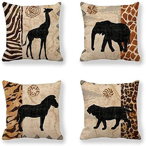 VENUSL Set of 4,African Animals,Giraffe,Elephant,Horse,Leopard with Zebra Pattern & Leopard Pattern Decorative Throw Pillow Covers,One-Side Printe...