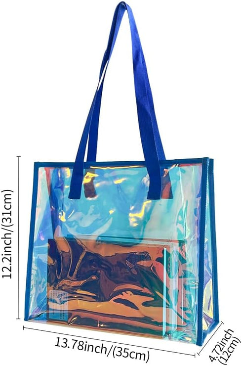 Iridescent Clear Tote Bag, Fashion Holographic Waterproof Beach Bag, Shoulder Handbag for Shopping, Gym, Travel...