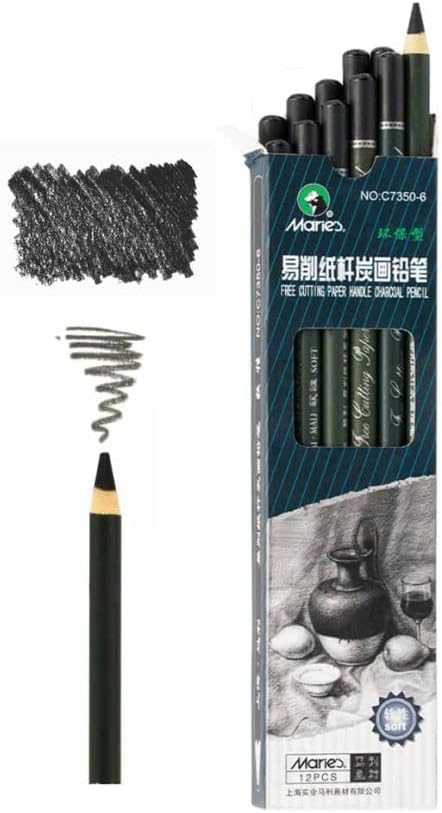 Marie's Artist Charcoal Pencil 12 Piece Set, Soft Black Paper Handle Charcoal Pencils for Drawing and Sketching...