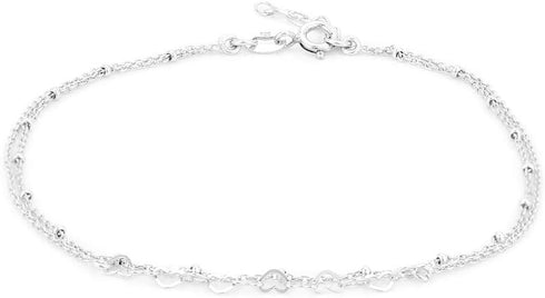 Sterling Silver Jewelry - Rhodium Plated with 925 Stamp - Interlinked Heart theme Anklet - Elegant handcrafted Double layered Chain Anklet for Wom...