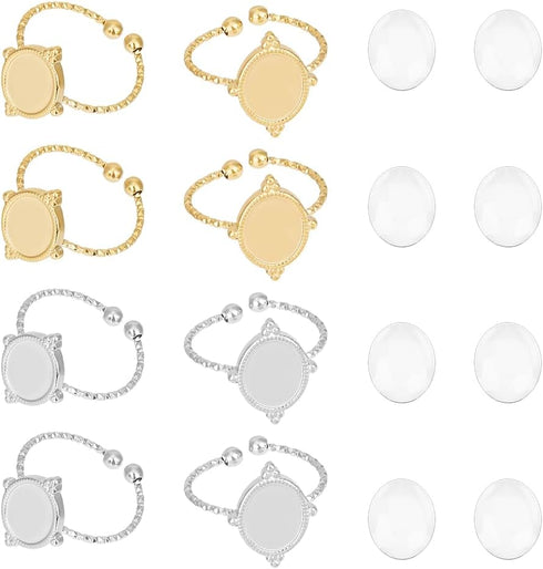 UNICRAFTALE 2 Colors 16Pcs DIY Blank Dome Ring Making Kit Adjustable Oval Cabochon Ring Blanks Stainless Steel Open Cuff Ring Settings Frame Tray ...