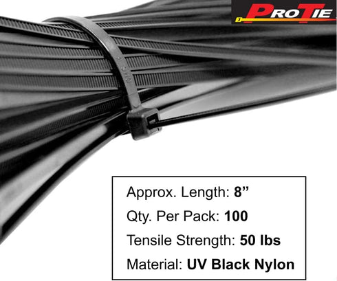 Pro Tie Standard Duty, Self-Locking UV Nylon Cable Wire Ties for Indoor and Outdoor Use | 8-Inch, 50 lbs. Tensile Strength, UV Black Nylon, 100-Pa...