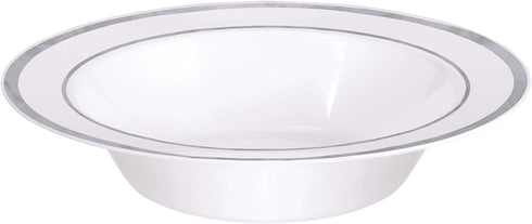 White Premium Plastic Bowls With Silver Trim - 12 oz (Pack Of 10) - Stylish Round Party Dinnerware Set For Any Occasion...