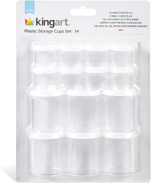 KINGART Clear Multi-Purpose Plastic Storage Cups with Removable Lid for Paiint, Art and Crafts Supplies, Set of 14 in 2 sizes...
