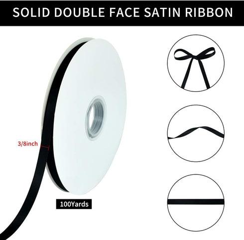 TONIFUL 3/8 Inch x 100yds Black Satin Ribbon Thin Solid Fabric Ribbons Roll for Gift Wrapping Invitation Floral Hair Balloons Craft Sewing Party W...