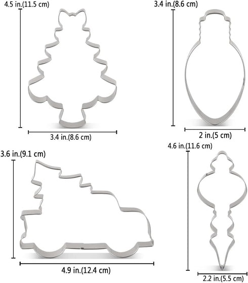 LILIAO Christmas Cookie Cutter Set, 4-pc, Pickup Truck with Christmas Tree, Christmas Tree, Light Bulb and Christmas Ornament Biscuit Fondant Cutt...