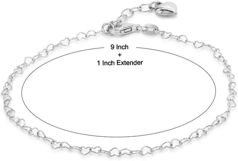 Sterling Silver Jewelry - Rhodium Plated 925 Stamp - Interlinked Chain & Drop Heart Anklet - Stylish Beautifully Designed for Women - 9" Long + 1"...