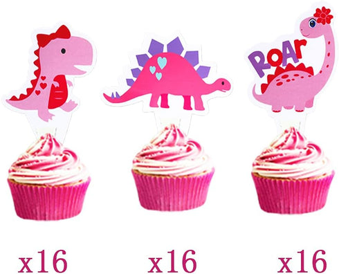 48pcs Pink Dinosaur Cupcake Toppers Baby Shower Birthday Decorations for Girl Dinosaur Party Supplies Dinosaur Cake Topper...