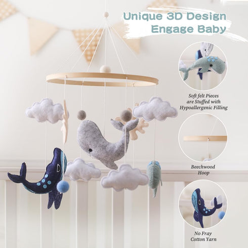 Montessori Baby Mobile for Crib | Ocean Animals Crib Mobile | Woodland Nursery Decor Soothe Toys for Ceiling Hanging | Felt Ball Sea Blue Whale, W...