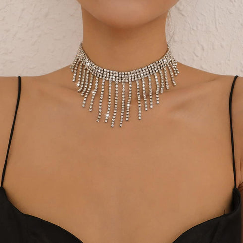 Rhinestone Choker Necklaces Silver Neck Chain Sparkly Tassel Necklace Dainty Party Prom Necklace Jewelry for Women...