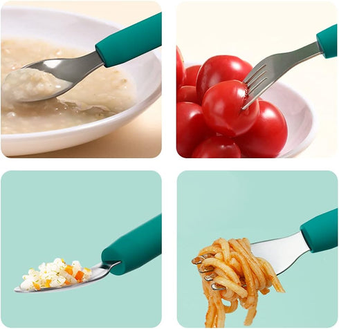 Baby Forks and Spoons Set Baby Training Utensils Self Feeding Toddler Silverware Silicone and Stainless Steel Kids and Toddler Utensil (Green Dino...
