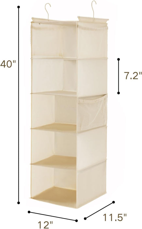 MAX Houser 5 Shelf Hanging Closet Organizer, Space Saver, Cloth Hanging Shelves with 4 Side Pockets, Foldable, Beige...