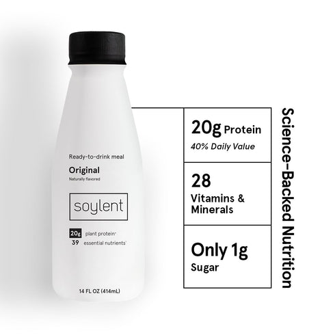 Soylent Complete Meal Replacement Shake, Original, 20g complete protein, 28 vitamins & minerals, low sugar, 14oz (Single Bottle)...