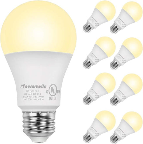 DEWENWILS 8-Pack Dimmable LED A19 Light Bulb, Soft White Light with Warm Glow, 800 Lumen, 2700K, 10W (60 Watt Equivalent), E26 Medium Screw Base, ...