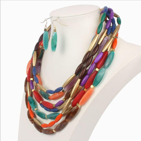 ABJFJE Womens Multi Layer Crystal Resin Choker Necklace and Drop Earring Set Fashion Multi Colored Beads Statement Clavicle Collar Bib Necklace Ea...