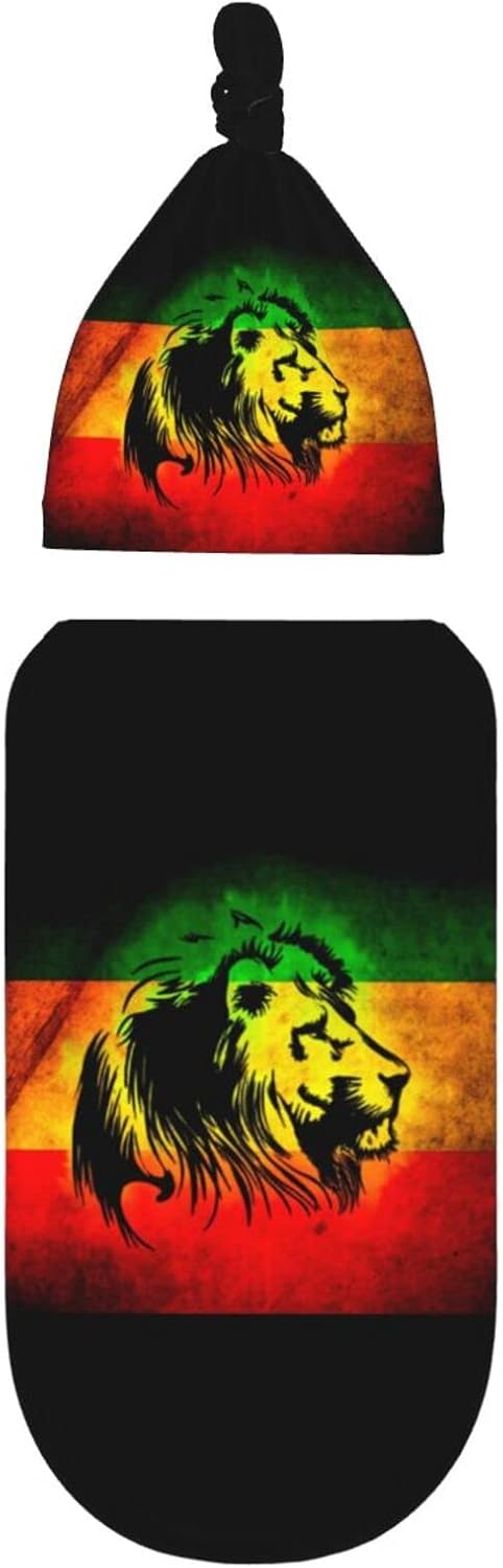 Baby Newborn Swaddle Blanket with Beanie Hat- Jamaican Lion Flag Pattern Receiving Blanket Sleep Sack for Girls Boys Infant Gifts...
