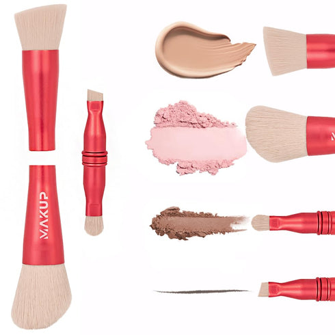 MAKUP JetSetter 4 in 1 Travel Makeup Brush - All in One Set includes Kabuki Liquid Foundation, Blush, Contour, Eyeshadow & Angeled Brush for Brow ...