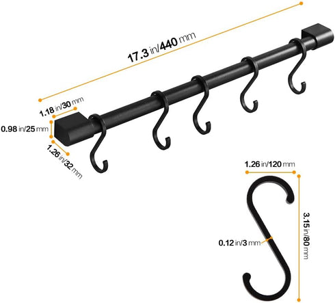 MIAOHUI Kitchen Rail with Hooks, Pan and Pot Hangers for Kitchen Wall Mount, Kitchen Utensil Rack with Removable S Hook, Aluminum (17.3inch_Black_...