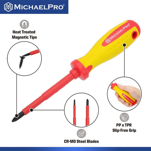 MichaelPro 2-Piece VDE Insulated Electricians Screwdrivers Set, Professional Phillips and Slotted Screwdrivers with Magnetic Tips, CR-MO Steel | M...