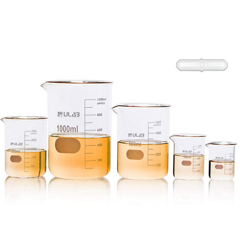 ULAB Scientific Glass Beaker Set with Magnetic Stir Bar Offered, 5 Sizes 50ml 100ml 250ml 500ml 1000ml, 3.3 Boro Griffin Low Form with Printed Gra...