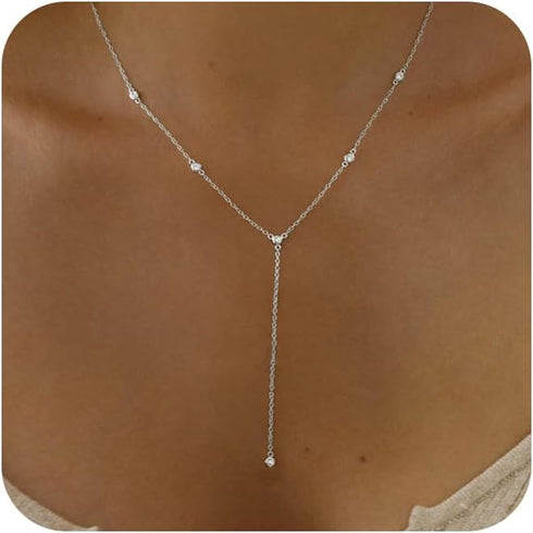 Lariat Necklace for Women, Dainty Layered Gold Long Necklaces 14k Gold Plated Beaded Bar CZ Drop Necklace Simple Gold Y Choker Necklaces for Women...