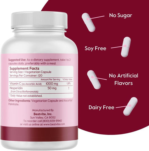 BESTVITE Vitamin C 1000mg (120 Vegetarian Capsules) with Citrus Bioflavinoids - No Stearates - Vegan - Non GMO - Gluten Free...