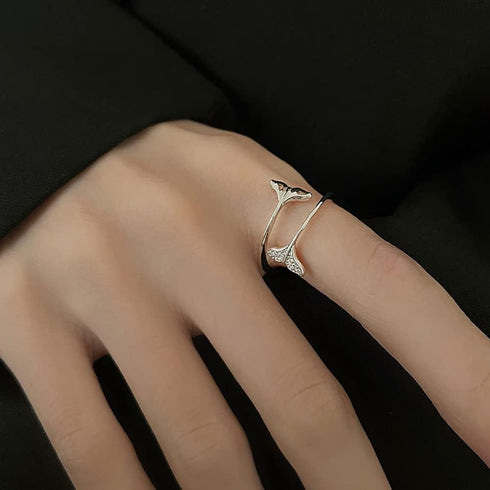 Couple Mermaid Ring 925 Sterling Silver Cubic Zirconia Open Statement Rings Wrap Finger Band Engagement Promise Stacking Ring Bands Adjustable Jew...