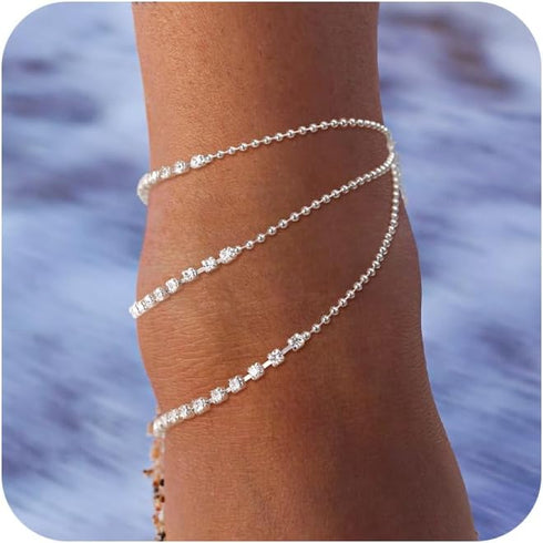 Silver Anklets for Women, Waterproof Sterling Silver Layer Anklet Dainty Beach Bling Ankle Bracelets for Women Fashion Summer Foot Jewelry Gift fo...