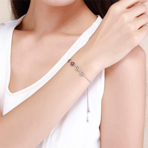 Paw Bracelet for Women Girls Sterling Silver 14 Gold Cute Delicate Polished Puppy Dog Cat Kitten Paw Print Ball Bead Adjustable Charm Link Bracele...