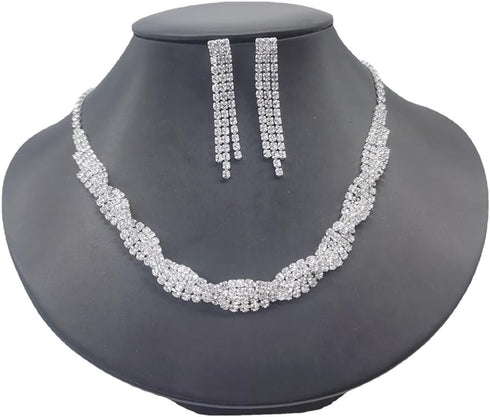 Bride Wedding Crystal Necklace Earrings Set Silver Bridal Choker Necklaces Pendant Jewelry for Women...