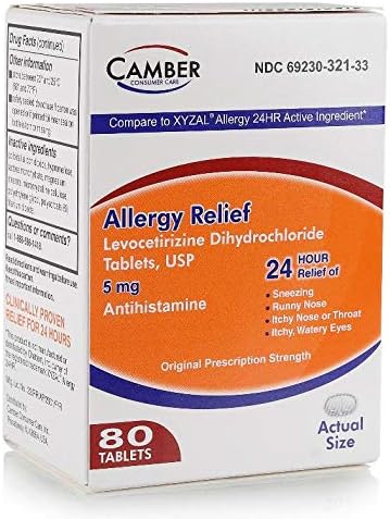 Camber Allergy Relief Levocetirizine Dihydrochloride Tablets, USP | 24 Hour Allergy Relief | 5 mg | 80 Count...